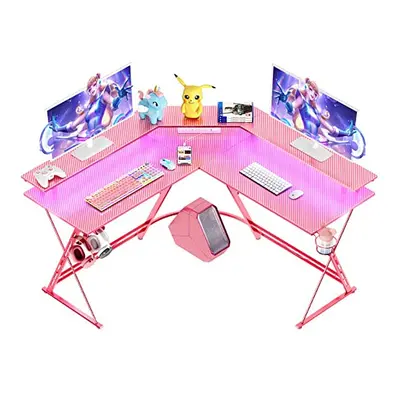 SEVEN WARRIOR Gaming Desk 50.4? with LED Strip & Power Outlets, L-Shaped Computer Desk Carbon Fi