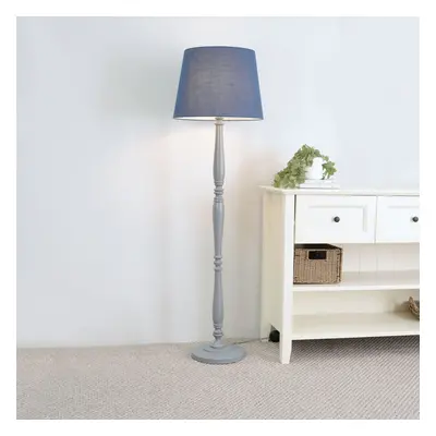 ValueLights Victoria Navy Blue Taper Shade Grey Wood Floor Lamp & Bulb