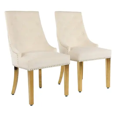 (Set of Chairs, Cream With Gold Legs) Luxury Lion Knocker Velvet Dining Chairs Padded Gold/Silve