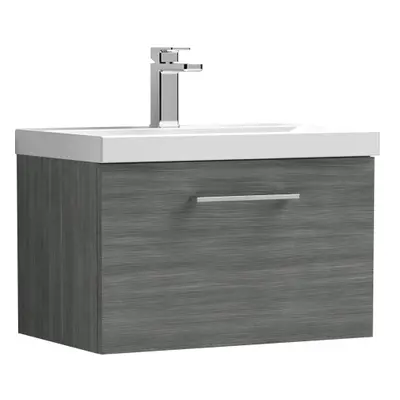 Wall Hung Drawer Vanity Unit with Mid-Edge Ceramic Basin, 600mm - Woodgrain Anthracite