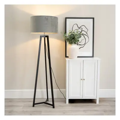 ValueLights Lottie Grey Velvet Black Wood Tripod Floor Lamp & Bulb