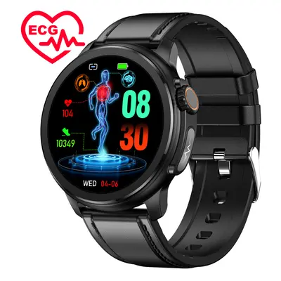 (Black Leather) Smart Watch Blood Glucose Lipid and Uric Acid Monitor ECG AMOLED Bluetooth Call 