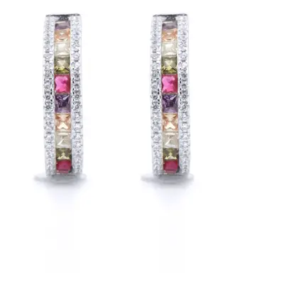 Jewelco London Rhodium Silver Rainbow Princess CZ Inside Out Channel Set Eternity Hoop Earrings 