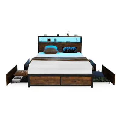 King Size Bed Frame Metal Bed LED Lights Headboard & Storage Drawers