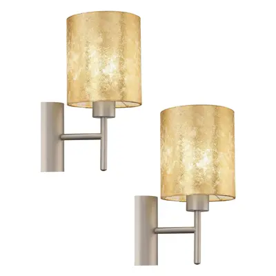 2 PACK Wall Light Colour Champagne Steel Circular Shade Gold Fabric E27 1x60W