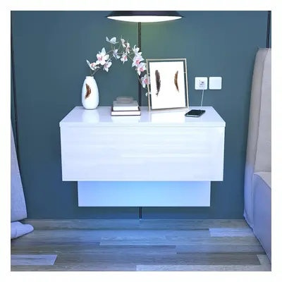 Floating Bedside Table with RGB Light High Gloss White Wall-Mounted