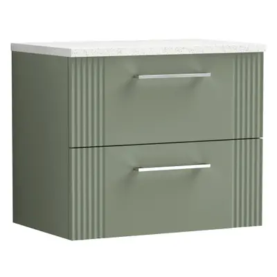 Retro Drawer Wall Hung Vanity Unit with Sparkling White Laminate Worktop - 600mm - Satin Green -