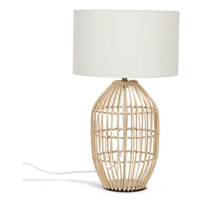 Contemporary Small Natural Rattan Cylinder Table Lamp with a White Cylinder Shade - Complete wit