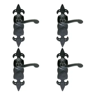 4x PAIR Forged Scroll Lever Handle on Latch Backplate x 57mm Black Antique