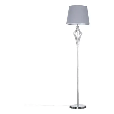 Modern Polished Chrome Metal Wire Geometric Diamond Design Floor Lamp with a Grey Tapered Shade