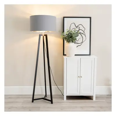 ValueLights Lottie Grey & Chrome Black Wood Tripod Floor Lamp & Bulb