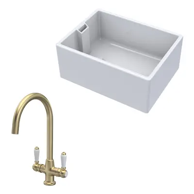 Fireclay Kitchen Bundle - Single Bowl Belfast Sink & Mono Lever Handle Tap, 615mm - Brushed Bras