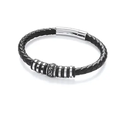 Jewelco London Mens Black Leather Stainless Steel Plain Weave Tribal Scroll Rings Strap Bracelet