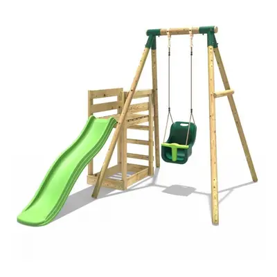 (Pluto, Green) Rebo Wooden Swing Set plus Deck & Slide