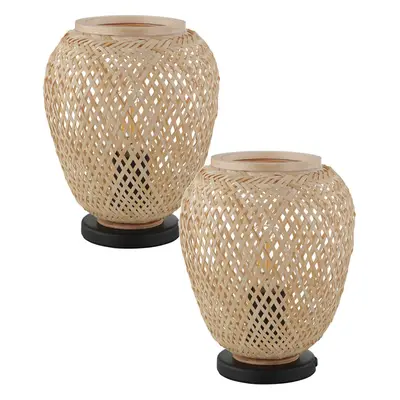 2 PACK Table Lamp Desk Light Black Base & Round Wicker Wood Shade 1x 40W E27