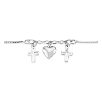 Jewelco London Ladies Rhodium Plated Sterling Silver Love Hearts & Crosses 1mm Charm Bracelet, 7