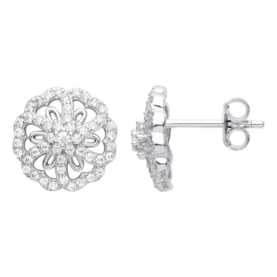 Jewelco London Ladies Rhodium Plated Sterling Silver CZ Daisy Snowflake Starfish Cluster Stud Ea