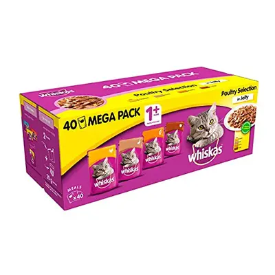 WHISKAS 1+ Cat Pouches Poultry Selection in Jelly 40x100g Mega Pack