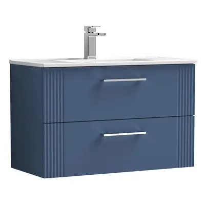 Retro Drawer Wall Hung Vanity Unit with Minimalist Tap Hole Ceramic Basin - 800mm - Satin Blue -