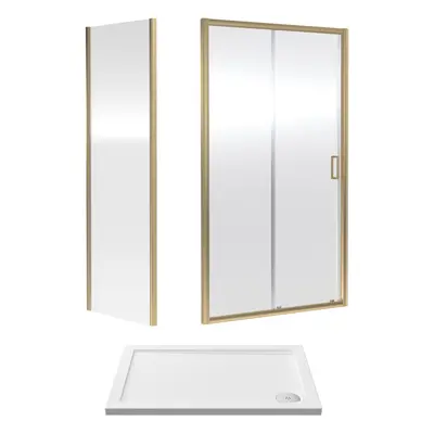 6mm Toughened Safety Glass Sliding Shower Door, Side Panel and Shower Tray - x x 1900mm - Brushe