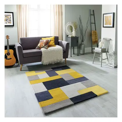 (Yellow, x cm) Modern Geometric Checkered Multi Coloured Rugs 100% Wool Hand Made Eco Friendly S