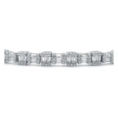 Jewelco London Ladies Rhodium Sterling Silver Round & Baguette CZ Alternating Horizontal Vertica