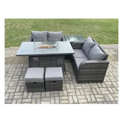 Fimous Rattan Garden Furniture Set with Gas Fire Pit Table Pieces Outdoor Loveseat Sofa Set Dark