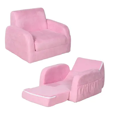 HOMCOM In Kids Armchair Sofa Bed Fold Out Padded Wood Frame Bedroom Pink