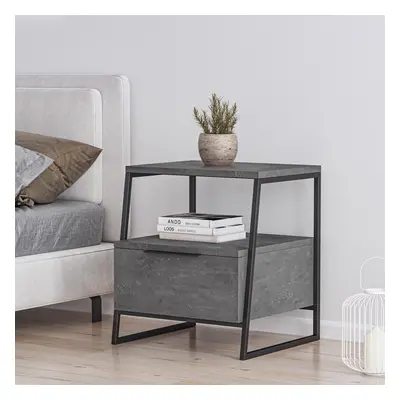 FWStyle Retro Grey Drawer Modern Bedside Table Nightstand Black Metal Frame