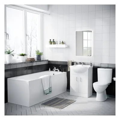 Nes Home Bath Suite 1700mm Bath, 550mm White Basin Vanity, Toilet, Taps & Wastes