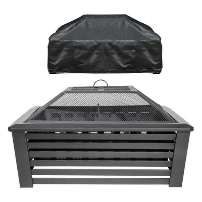 35" Square Outdoor Fire Pit, Mesh Screen Lid, Black with Water Resistant Drawstring Cover - DG23