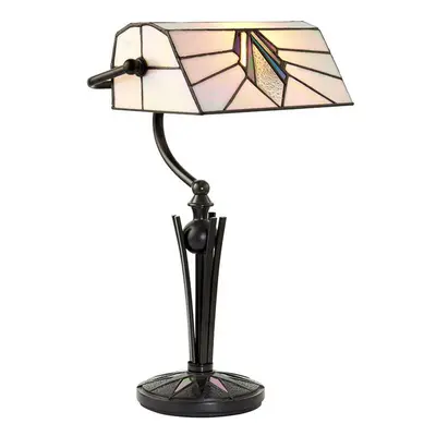 Tiffany Glass Table Lamp Bankers Desk Light Dark Bronze & Cream Shade i00172