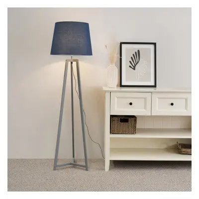 ValueLights Lottie Navy Blue Taper Shade Grey Wood Tripod Floor Lamp