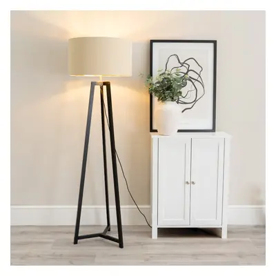 ValueLights Lottie Beige & Gold Black Wood Tripod Floor Lamp & Bulb