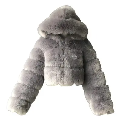 (Gray, Small) Faux Fur Coat Women With Hood Cropped Bubble Coats Fleece Short Warm Jackets Plus 