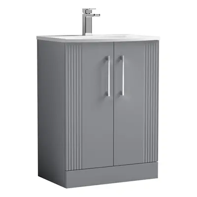 Retro Door Floor Standing Vanity Unit with Curved Tap Hole Ceramic Basin - 600mm - Satin Grey - 