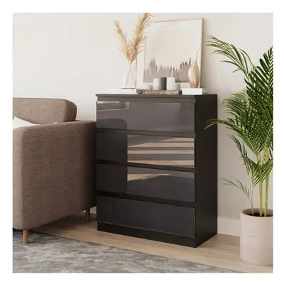 (Black & Grey) Drawer High Glossy Wooden Bedroom Chest Cabinet No Handle Drawer Storage