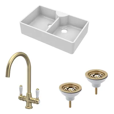 Fireclay Kitchen Bundle - Double Bowl Butler Sink, x Wastes & Mono Lever Tap, 895mm - Brushed Br