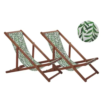 Set of Acacia Folding Deck Chairs and Replacement Fabrics Light Wood with Off-White / Leaf Patte