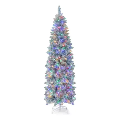 6FT Pre-Lit Christmas Tree Hinged Pencil Xmas Tree W/ LED Lights