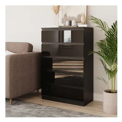 (Black & Black) Drawer High Glossy Wooden Bedroom Chest Cabinet No Handle Drawer Storage