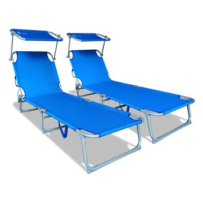 VOUNOT Set of Folding Sun Loungers with Adjustable Backrest & Sunshade, Load kg, Blue