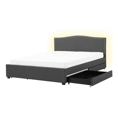 Fabric EU Super King Bed White LED with Storage Grey MONTPELLIER