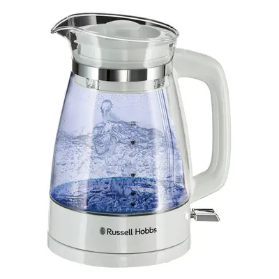 Carafe Style 1.7L Cordless Electric Glass Kettle with white handle, lid & base and blue internal