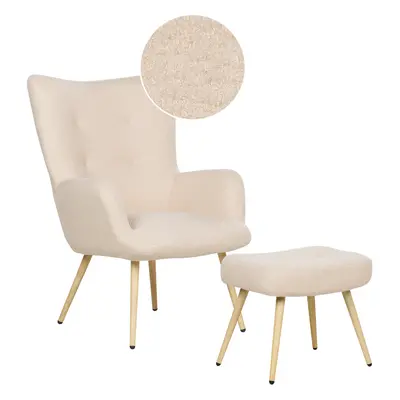 Wingback Chair VEJLE with Footstool Boucle Beige