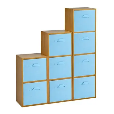 (Beech, Sky Blue) Cubed Wooden Storage Units Shelves + Drawers