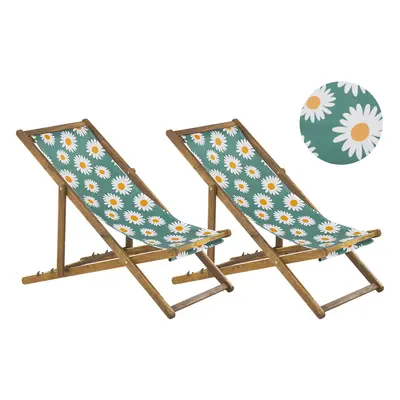 Set of Acacia Folding Deck Chairs and Replacement Fabrics Light Wood with Off-White / Chamomile 