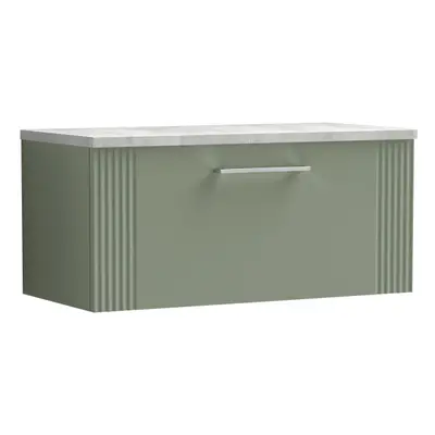 Retro Drawer Wall Hung Vanity Unit with Bellato Grey Laminate Worktop - 800mm - Satin Green - Ba