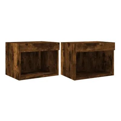 vidaXL Bedside Cabinets with LED Lights Wall-mounted Cabinet pcs Smoked Oak