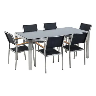 6 Seater Garden Dining Set Black Glass Top with Black Chairs GROSSETO